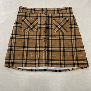 Torrid Brown Plaid Corduroy Mini Skirt Size 1 Stretch Elastic Waist Button Front